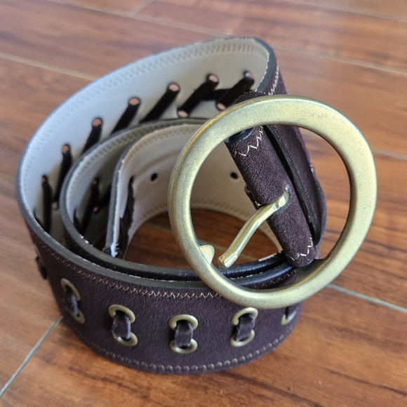 Boho Brown Leather Belt Brass Tone Gromments/Buckle Whipstitch Detailing Size M main image 7